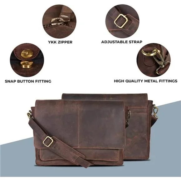 Leather Messenger Bag for Men & Women - Briefcase Bag Adjustable Shoulder Strap